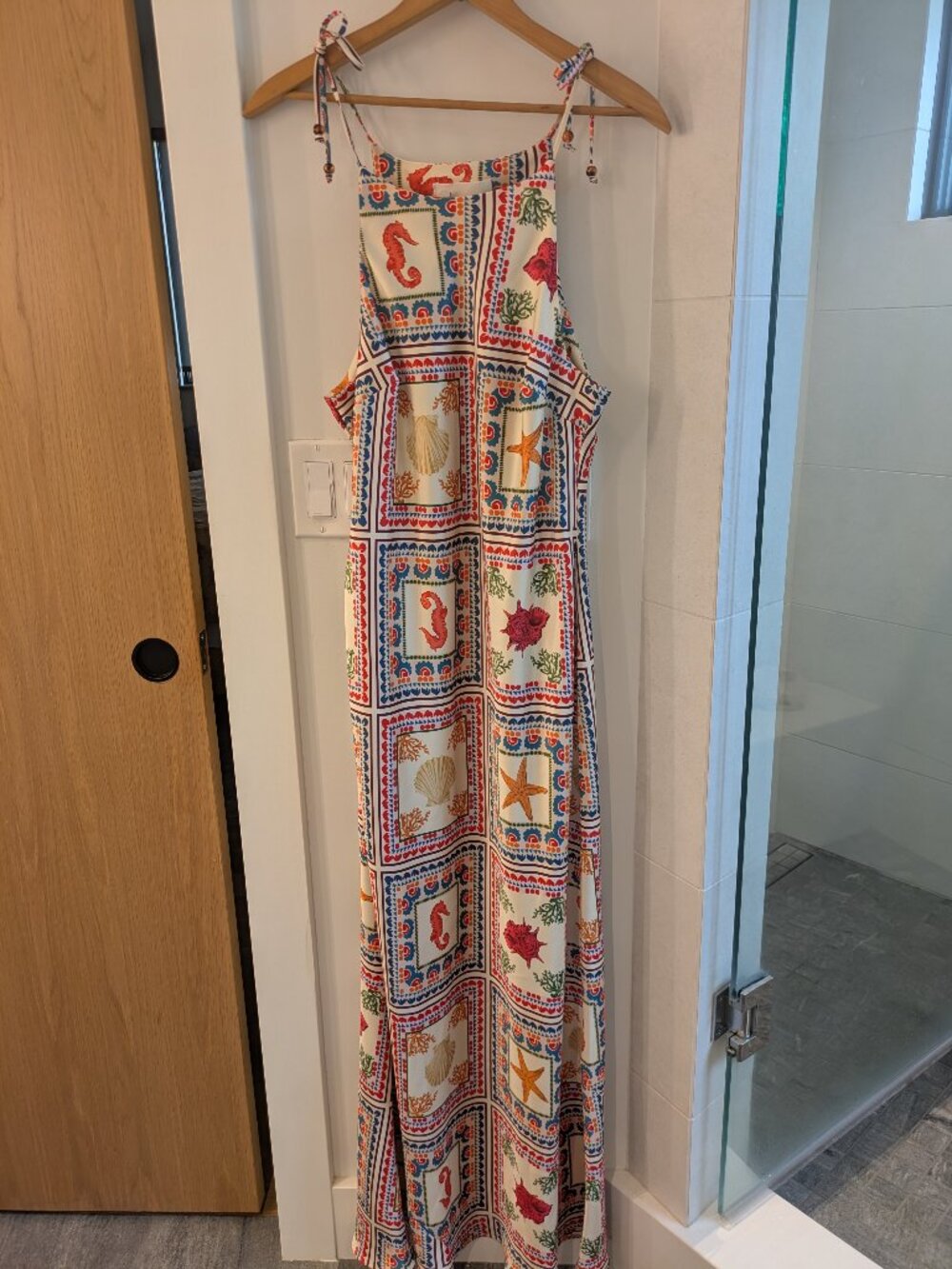 By Anthropologie Nautical Patchprint Column Maxi Dress Size M Seahorse Tie-Neck